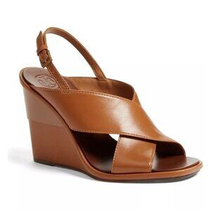 $400 TORY BURCH GABRIELLE SLINGBACK WEDGE SANDALS BACK LOGO BROWN 5 (MG1)